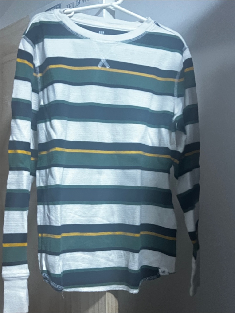 GAP Long-Sleeve Striped Crewneck Tee in White, Green & Yellow
